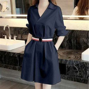 fasion V-neck shirt, skirt, slim waist, a-line dre